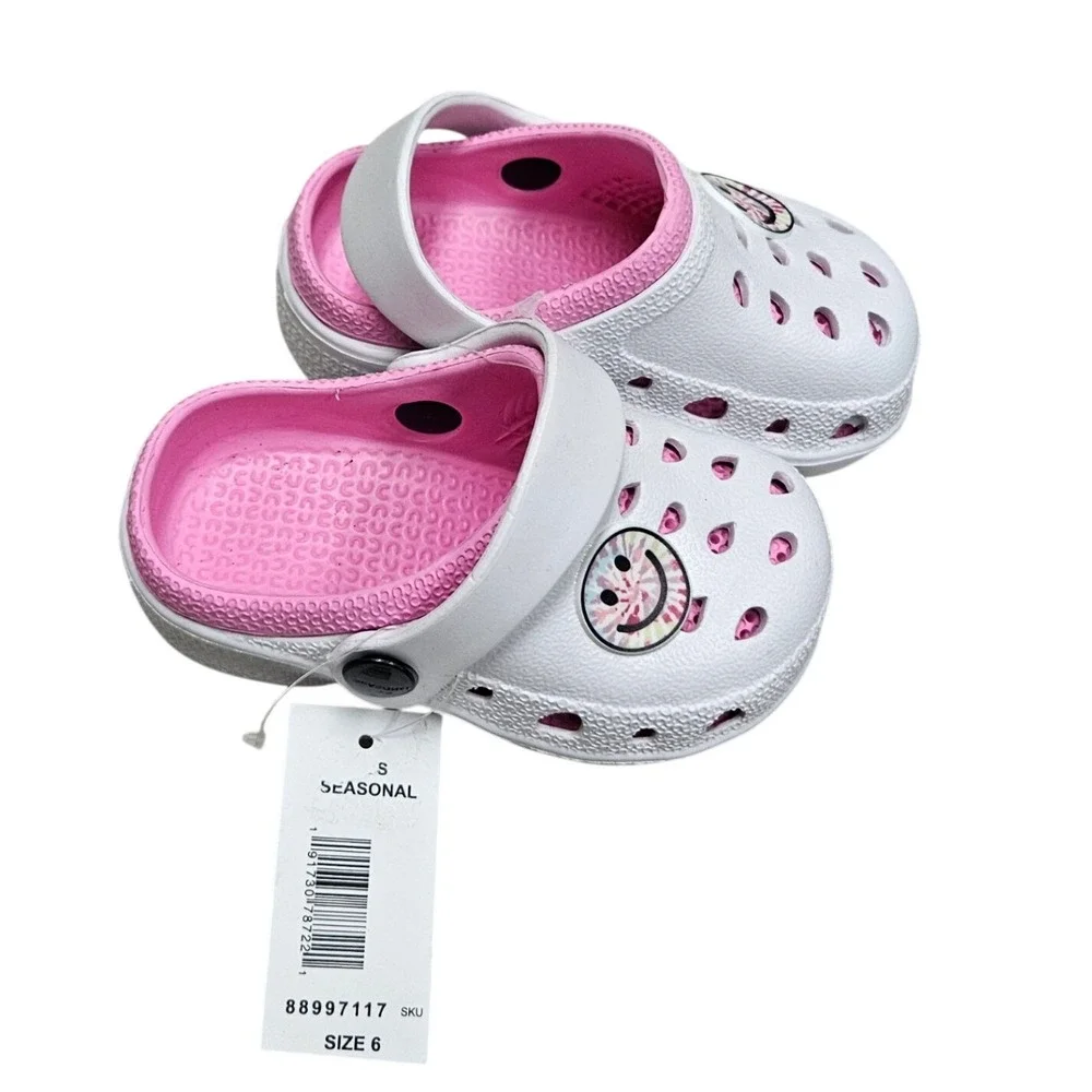 Seasonal Clogs Toddler Size 6 White Pink Smiley Face Charm Slip‎ On Summer Shoes
